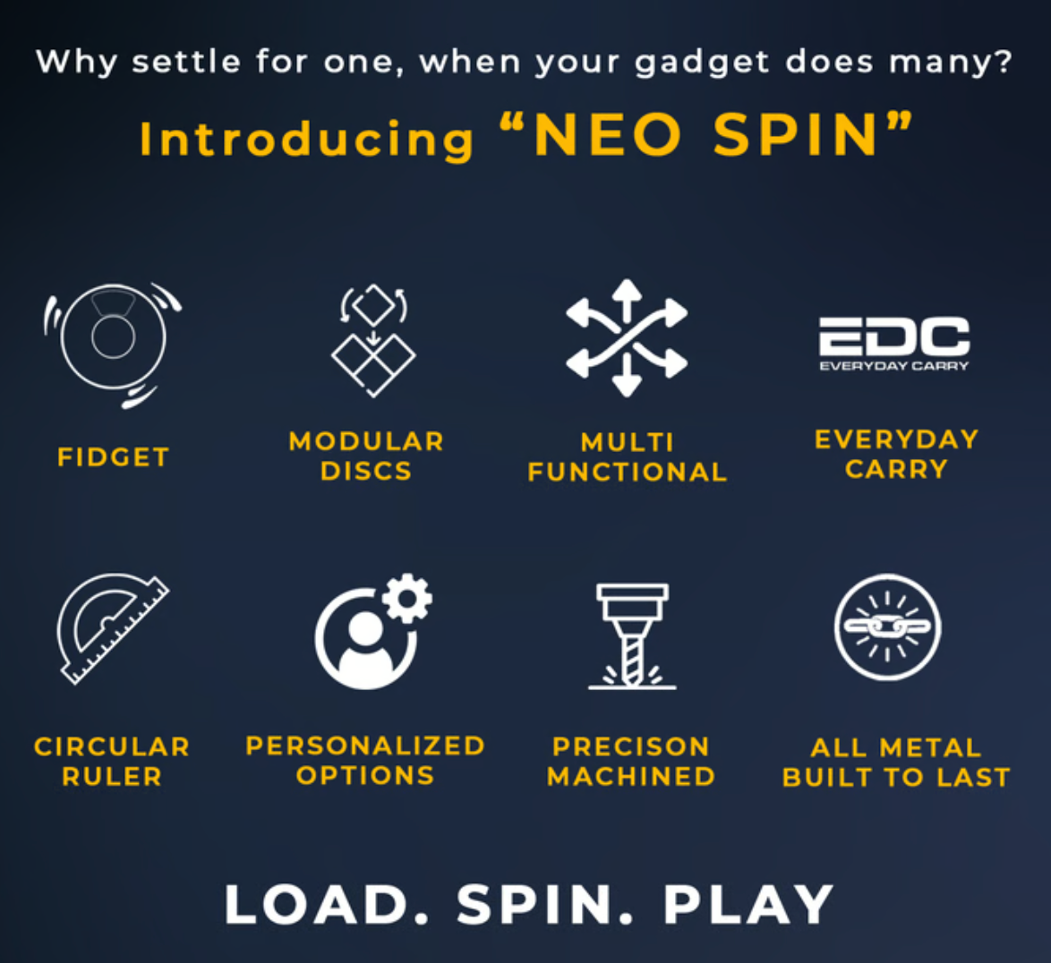 NEO SPIN feature overview with Load Spin Play message